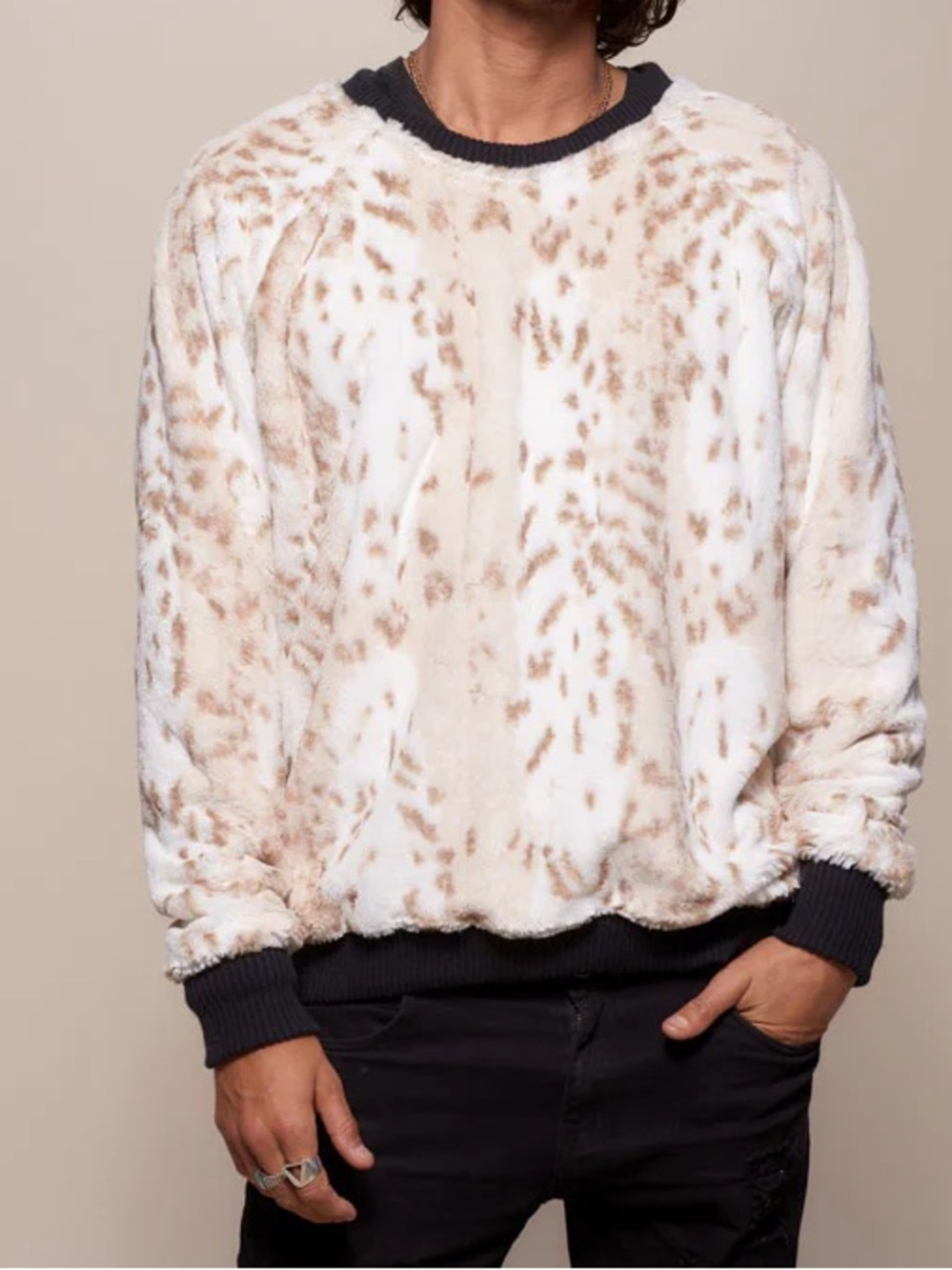 SpiritHoods Cream and Tan Leopard-Print Faux-Fur Crewneck Sweater